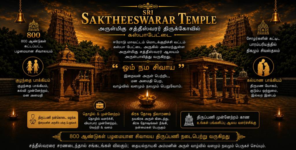 Dark golden poster of Sri Saktheeswarar Temple showing temple towers, lamps, and Tamil text highlighting 800 years of heritage and spiritual significance.